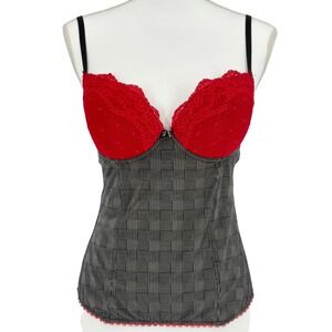 Intimissimi Red Lace Bustier Corset Glen Plaid Black Mesh Back 36C Lingerie Top
